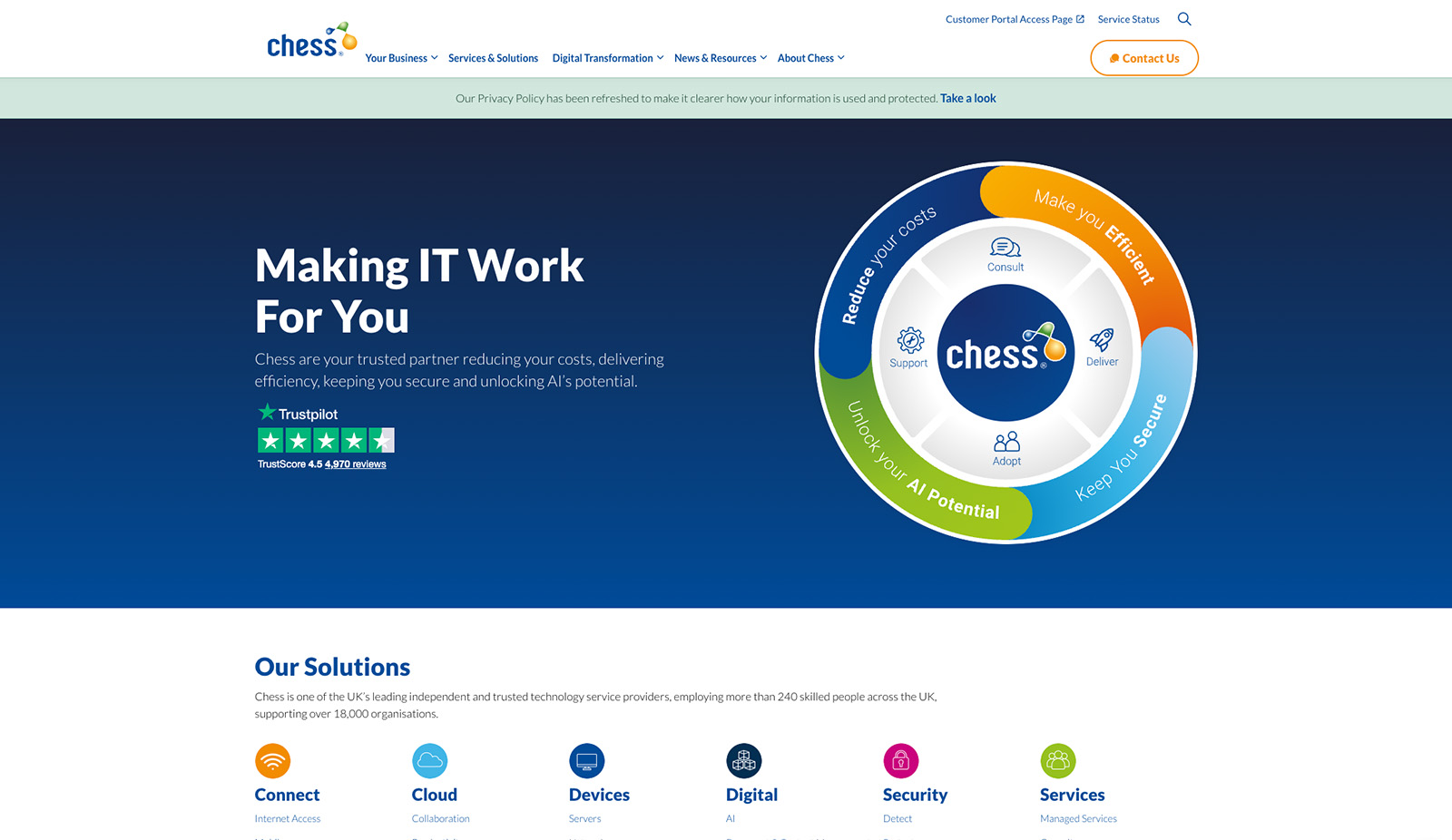 Chess ICT website homepage showing IT, cyber security and telecoms services for UK businesses